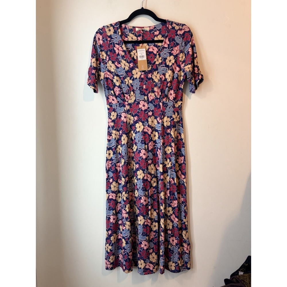 Woollovers Gathered Short Sleeve V Neck Midi Tea Dress Small Floral NEW